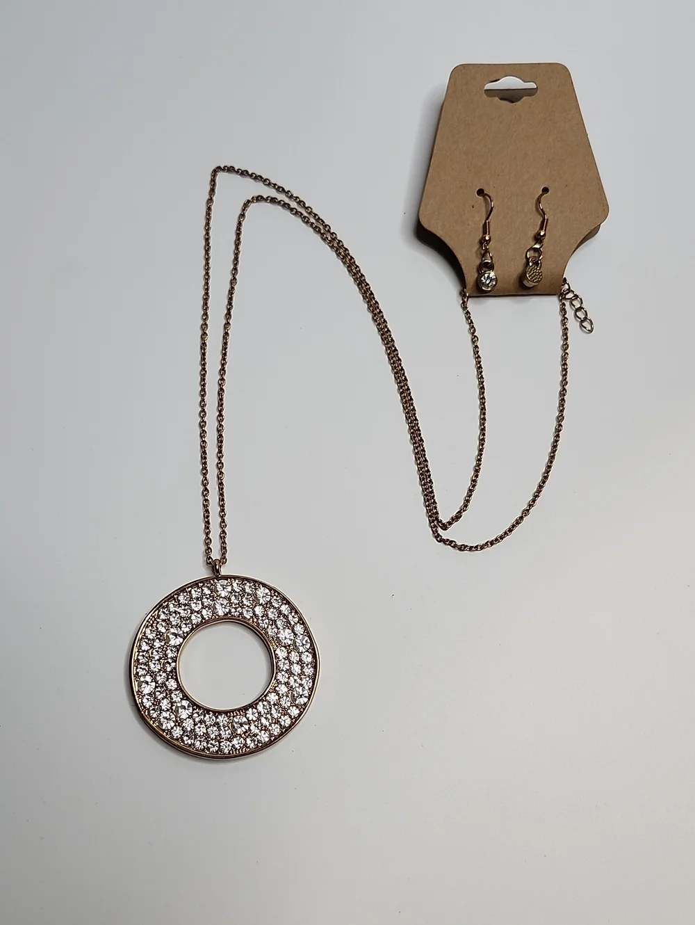 Necklace and Earrings Set Gold-Tone Pave Circle Pendant - Picture 1 of 2
